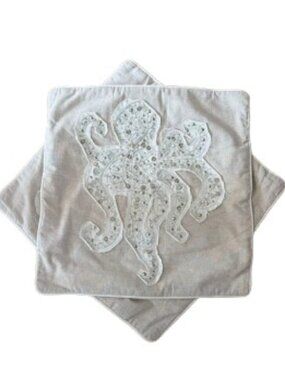 Pier 1 Beaded Octopus Appliqué Throw Pillow Covers Set (2) Coastal Neutral 18x18